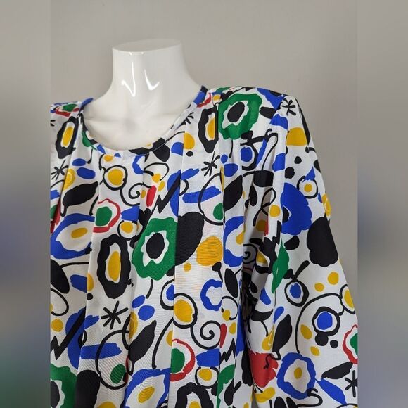 Vintage 80s Abstract Print Midi Dress Colorful Pleated Shoulder Long Sleeve Size - Picture 6 of 8